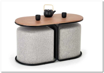 Комплект Halmar PAMPA, стол журнальный + 2 пуфа (орех/черный, серый)